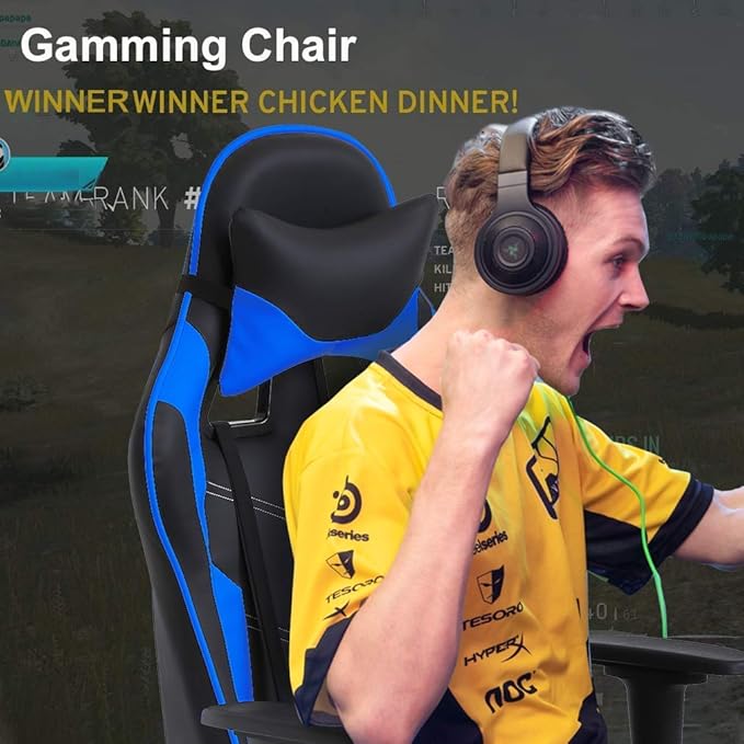 Gaming Chair With Footrest and Massage Lumbar Support Height Adjustable High Back Reclining Computer Chair for Adults - 360-Swivel Blue