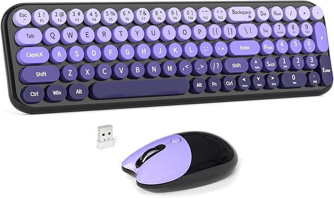 Wireless Keyboard and Mouse Combo MOWUX Compact Typewriter Retro Round Computer Keyboard Cute Optical Mouse Wireless Plug and Play for Laptop PC Computer- Black Purple Gradient