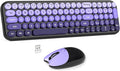 Wireless Keyboard and Mouse Combo MOWUX Compact Typewriter Retro Round Computer Keyboard Cute Optical Mouse Wireless Plug and Play for Laptop PC Computer- Black Purple Gradient