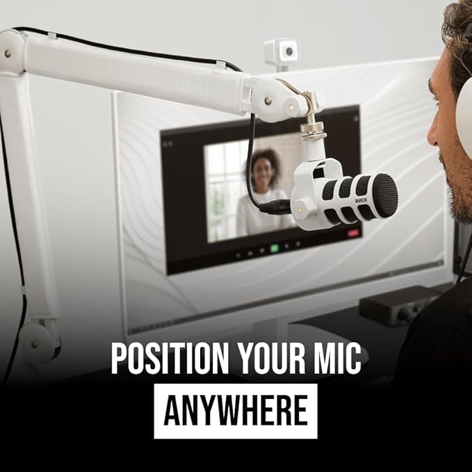 RODE PodMic Dynamic Podcasting Microphone (White) with RODE PSA1+ Professional Studio Arm (White) and XLR Cable