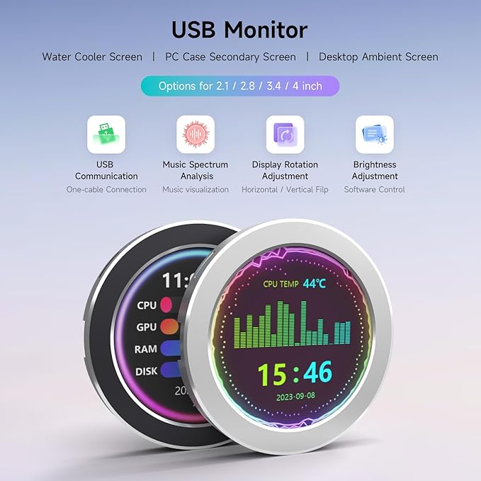 waveshare 4inch USB Monitor PC Case Secondary Screen/Desktop RGB Ambient Screen IPS Panel 720×720 Resolution with Music Spectrum Analysis Function Type-C Interface CNC Metal Case Silver