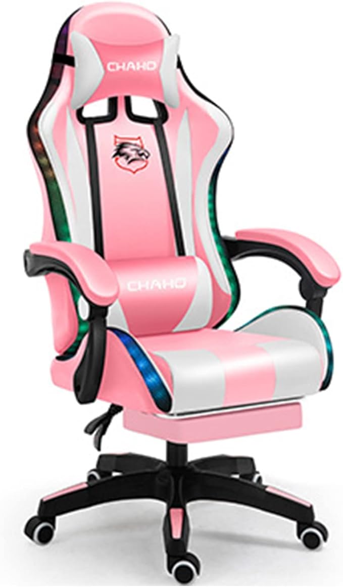 Gaming Chair with footrestGamer Chair with 200lb Capacity for Adults and Teens Racing Style Computer Chair with Headrest and Lumbar Support (PinkAudio&ampLighting)