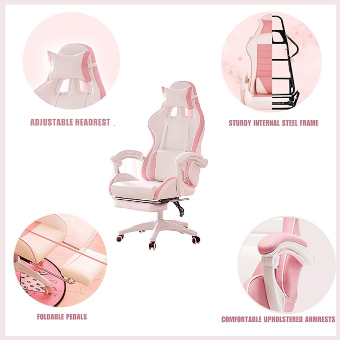 Ergonomic pink office chair pink gaming chair with footrest girl gaming chair high back gaming chair with headrest and lumbar pillow gaming chair for adults 150 ° tilt swivel chair for game room