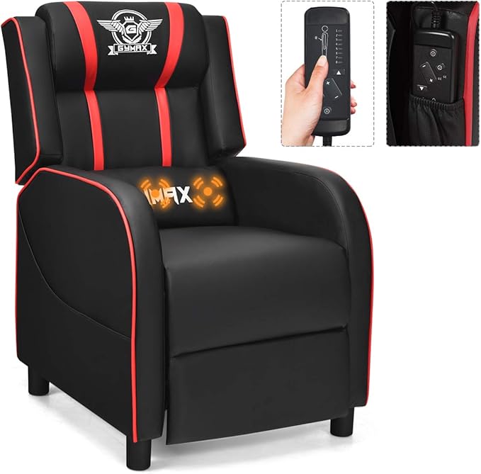 GYMAX Gaming Recliner Massage Gaming Chair with Adjustable Footrest Remote Control &amp Side Pocket Ergonomic Game Lounge Chair Racing Style Single Theater Seat Game Sofa for Adults (Red)