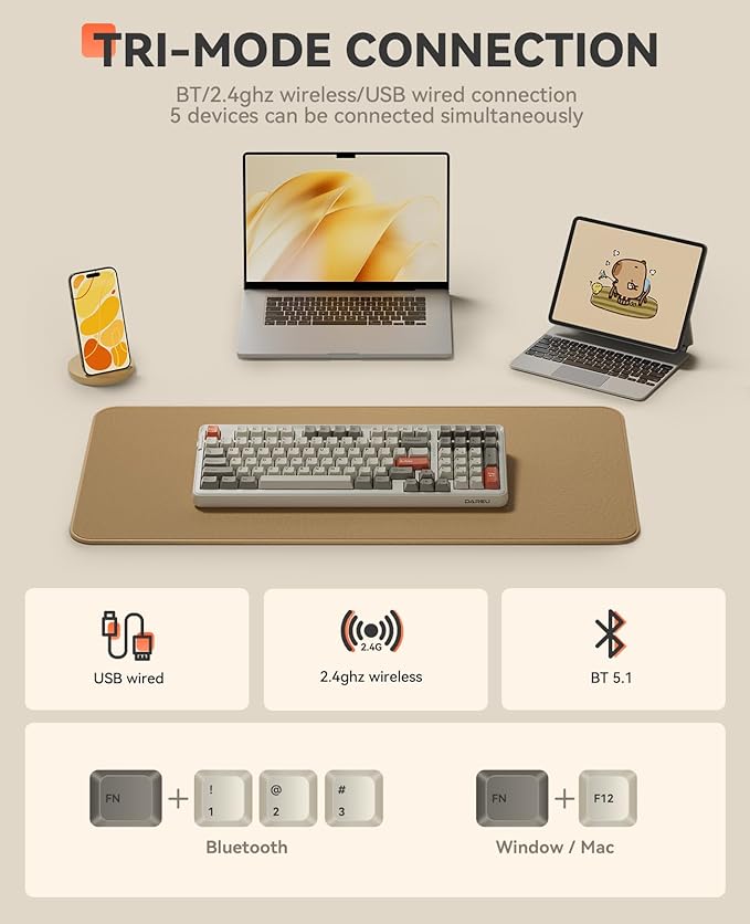 DAREU EK98pro Wireless Mechanical KeyboardTri-Mode BT/2.4GHz/USB-C Creamy Gaming Keyboard with Number PadPre-lubed Linear SwitchesGasket StructureHot Swappable CustomRGB Backlit for Win/Mac