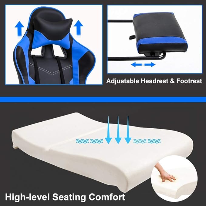 Blue Massage Function PC Gaming Chair Ergonomic Racing Heavy Duty Office Chair Video Game Chair Lumbar Support with Arms Footrest &amp Headrest Nice Chic Desk Chair Adjustable Best Home Office Chai