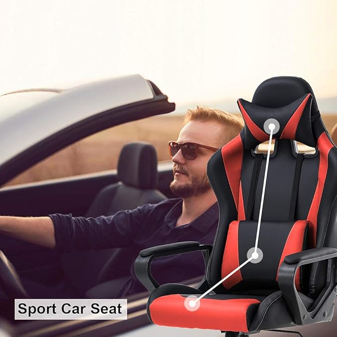 Gaming Chair with Lumbar Support High-Back Office Chair for Adults with Ergonomic Computer Racing Chair PU Desk Task Chair with Support Flip Up Arms Headrest Red