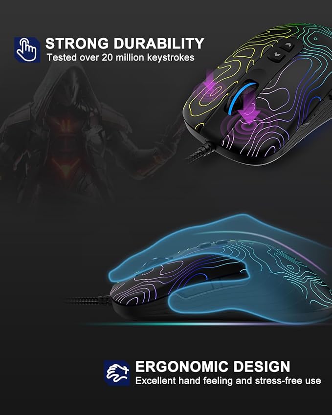 Womier G706 USB Wired Gaming Mouse for PC Computer Windows Mac Laptop Lightweight Silent RGB Backlit Mouse with Adjustable 12000DPI/7 Programmable Side ButtonsTopographic Theme (Black Topographic)