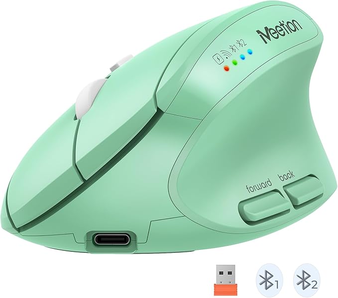 MEETION Ergonomic Wireless Mouse Bluetooth Vertical Rechargeable Mice 4 Adjustable DPI 800-2400 Bluetooth 5.2+5.2+USB Mouse for Windows/Mac for Laptop/PC/Desktop/Computer/iPad -Green