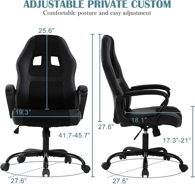 Executive PC Gaming Chair with Lumbar Support &amp Headrest - Ergonomic Leather Racer Task Chair for Home Office Gaming Room - Heavy Duty &amp Comfortable (Black)