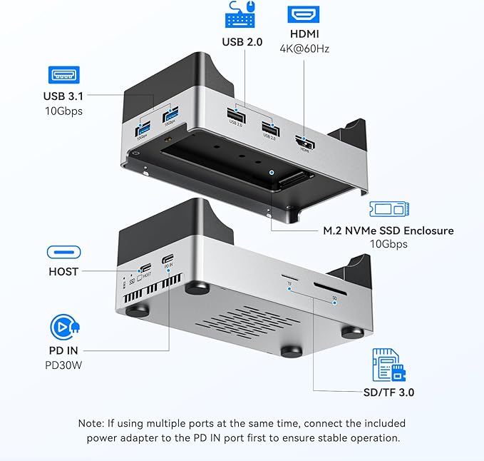 ANYOYO 10Gbps Mac mini M4 Dock and Stand with 8TB NVMe M.2 SSD Enclosure HDMI 4K@60Hz 2× USB-A 3.2（10Gbps） 2× USB-A 2.0 Wi-Fi Signal Friendly Design Aluminum USB-C Hub for Mac mini M4