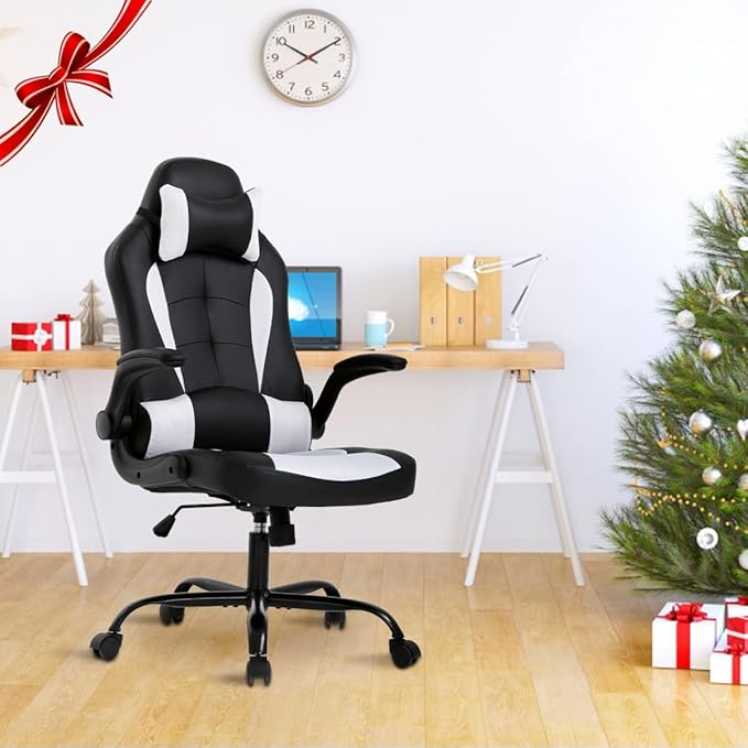 PC Gaming ChairHigh Back Ergonomic Racing Office Desk Executive Chair with Lumbar Headrest SupportFlip Up ArmsPU Leather 360° Swivel for Kids Adults Women Men Gaming Home OfficeWhite