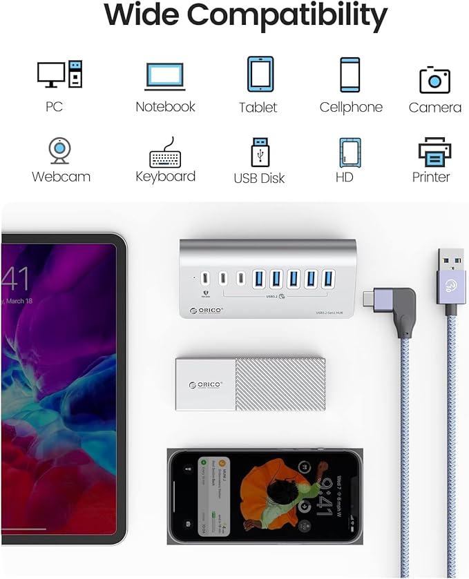 ORICO 7 Port USB Hub 10Gbps Aluminum USB 3.2 Gen 2 Hub 6 USB 3.2 Data Ports 1 PD 60W Ports 24V 3A Power Adapter 3.28Ft A to C Cable USB Data Hub for Laptop