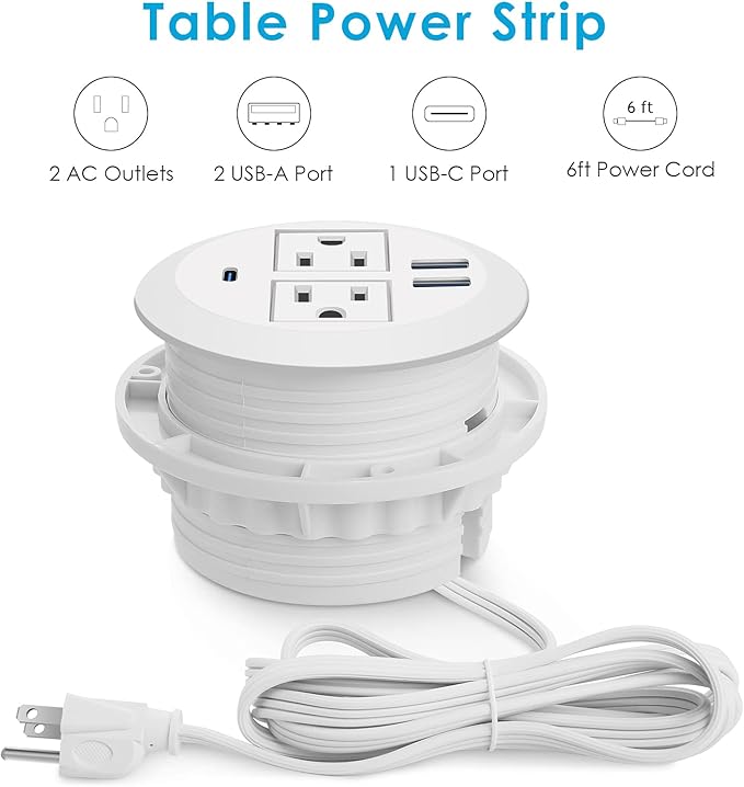 Jgstkcity 2-in-1 Desktop Power Grommet with USB-C Output 125V 12A 2 AC Outlets 3 USB Charging Ports White (Pack of 3)