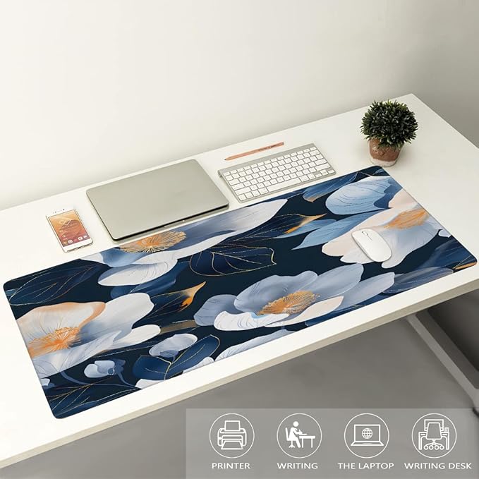 Blue Floral Flower Large Mouse Pad Gaming Mousepad Desk Mat for Desktop Computer Keyboard Waterproof Mouse Mat Desk Pad with Non-Slip Base for Game School Office Home 35.4 x 15.7