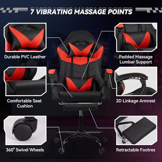 Ergonomic Gaming Chair with RGB Lighting - PU Leather &amp Adjustable Armrests 300lbs+ Capacity Remote Control LED Strips Aluminum Structure Computer Chair for Home Office (Black and Red)