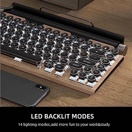 Jiawu Mechanical Gaming Keyboard Typewriter Retro Punk Gaming Keyboard Bluetooth Keyboard with Metal Round Keycap &amp Backlit 83 Keys Blue Switch Electric Typewriter (Wood