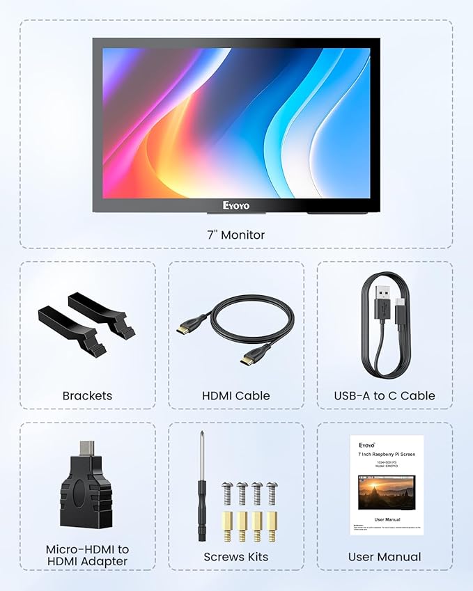 Eyoyo Raspbery Pi Screen 7-inch: 1024×600 LCD Capacitive Touchscreen Monitor with Stand Mini Portable HDMI Monitors IPS Touch Display for Raspbery Pi 5/4/3/2/Zero Windows/Linux/Android