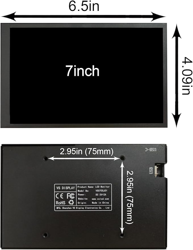 VSDISPLAY 7 Inch PC Case Screen 1280x800 Computer Temperature LCD Display with Theme Editor DIY CPU GPU RAM Data MonitoringBlack