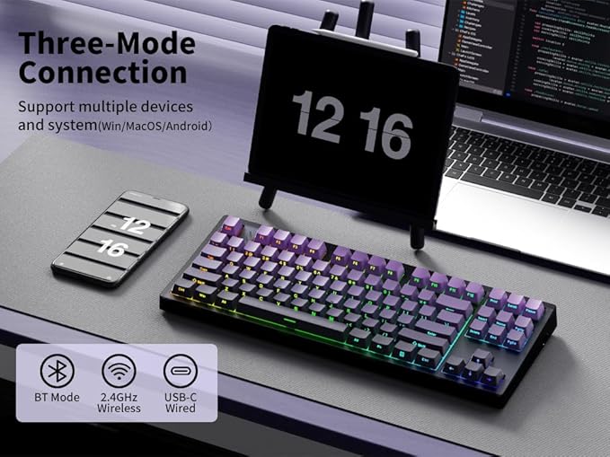MK870 Wireless Mechanical Gaming Keyboard80% Purple Custom Creamy Sound Keyboard with Shine Through PBT KeycapsPre-lubed Linear SwitchesHot-SwappableRGB Backlit2.4GHz/USB-C/BT5.0