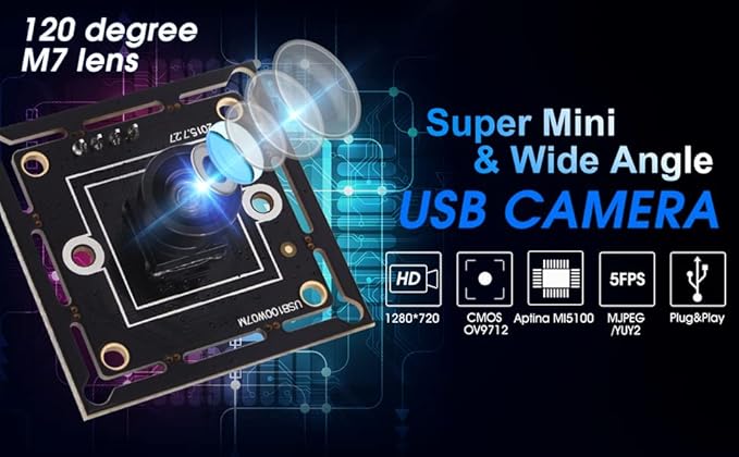 HD High Speed Wide Angle USB Camera Module for Computer 720P 30fps Super Mini UVC USB2.0 Webcam Board with 120degree No Distortion Lens CMOS OV9712 Industrial CCTV PC Camera for Linux Mac Android