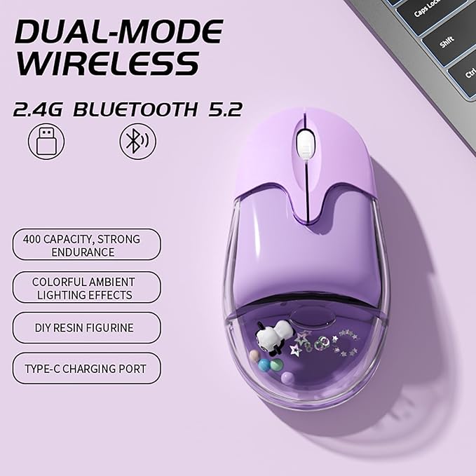 Cute Clear Aqua Mice RechargeableBluetooth &amp2.4G WirelessLed LightsGreat Gift for Kids Girls Women (Liquid Water &amp Panda Design)-Purple