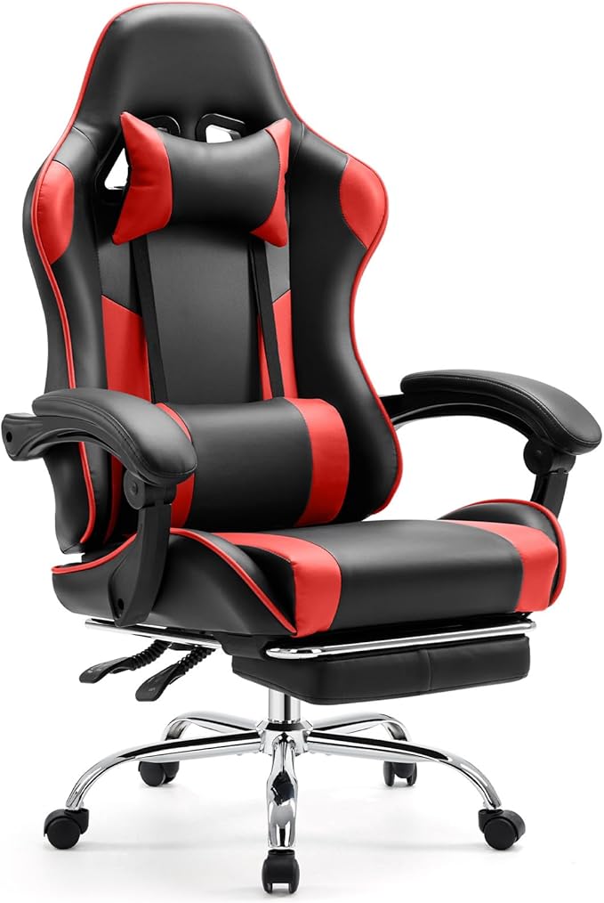 Sweetcrispy Video Game Chair - Ergonomic Computer Desk with Footrest and Comfy Lumbar Support PU Leather Recliner with Headrest Fixed Up Armrest Height Adjustable with 360° Swivel for Adults Red