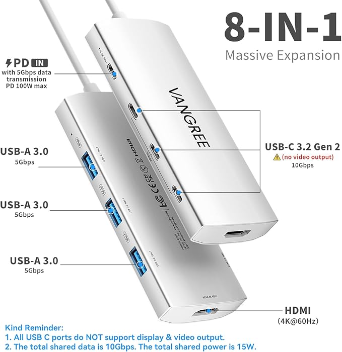 USB C Hub 8 in 1 Multiport Adapter 3 USB 3.2 Gen 2 Ports with 10Gbps 3 USB-A 3.0 5Gbps 4K@60Hz HDMI 100W PD USBC Splitter for MacBook Pro iPad Pro Mac mini and More(Not Support USB-C Monitor)
