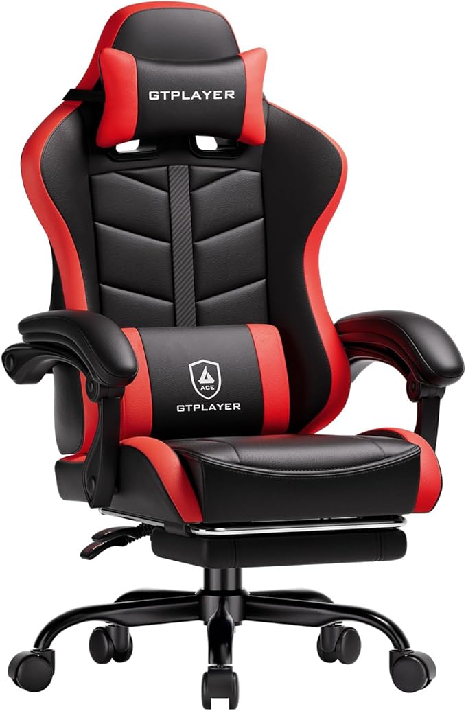 GTPLAYER Gaming Chair for Adults Ergonomic Computer Gaming Chair with Footrest Height Adjustable 90-155° Recline &amp Removable Headrest Lumbar Support Black&ampRed