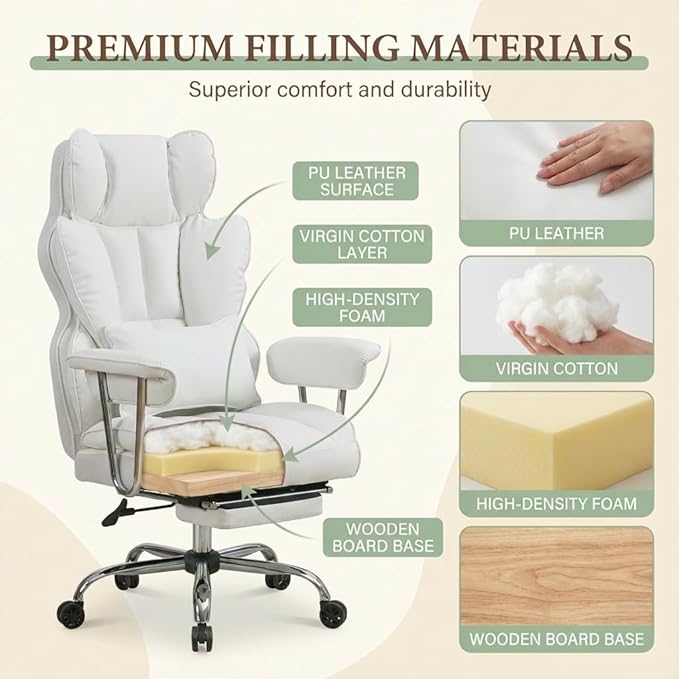 Big and Tall Office Chair 400lbs - Heavy Duty Executive Desk Chair with Footrest High Back PU Leather Ergonomic Computer Chair with Extra Wide Seat &amp Thick Cushion for Home Office (White)