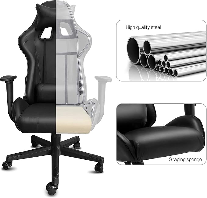 Modern-Depo Gaming Chair with Headrest and Lumbar Support Height Adjustable Swivel Office Chair High-Back Recliner Black