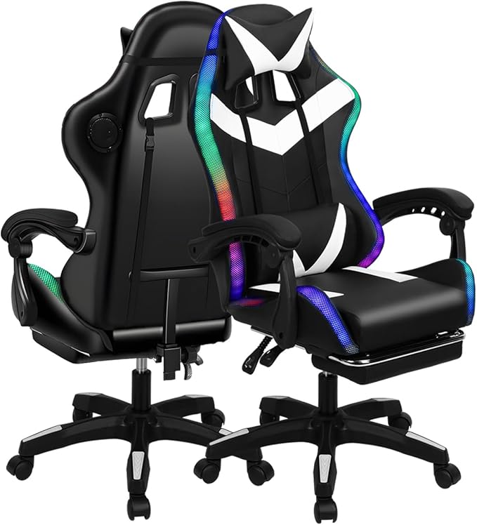 Gaming Chair with 2 Bluetooth Speakers &amp Lights Ergonomic High-Back Office Chair with Headrest &amp 135° Recline 360° Swivel Height Adjustable Faux Leather Computer Chair for Gaming Office &am