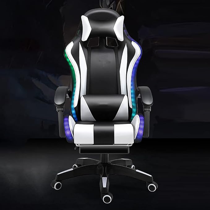 Gaming Chair with footrestGamer Chairs for Adults and Teens 200lb Capacity Racing Style Gaming Computer Chair with Headrest and Lumbar Support (WhiteColoured Lights)