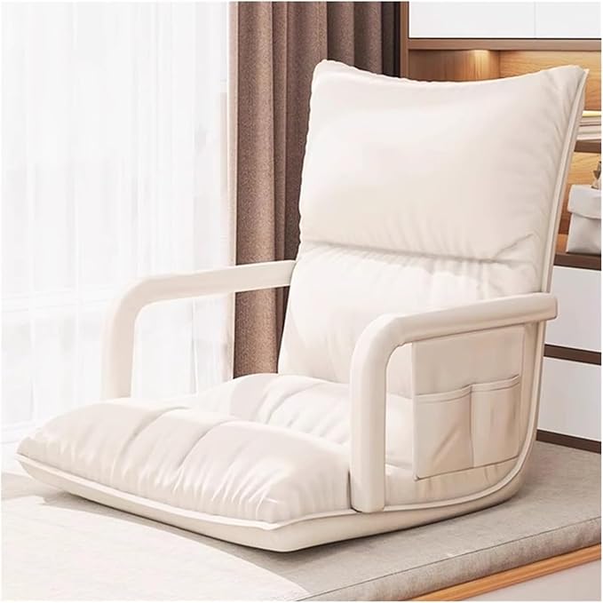 ELEFOCUS Adjustable Folding Lazy Sofa with Armrests Comfy Indoor Chaise Lounge 6 Positions Recliner Floor Chair for Gaming(Cream)