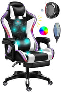 Massage Gaming Chair Racing Computer Desk Office Chairwith speakers and LED Linghts with Headrest Lumbar Support footrest and Adjustable Armrests360° Swivel 135° Reclining  300LB Metal BaseWhite