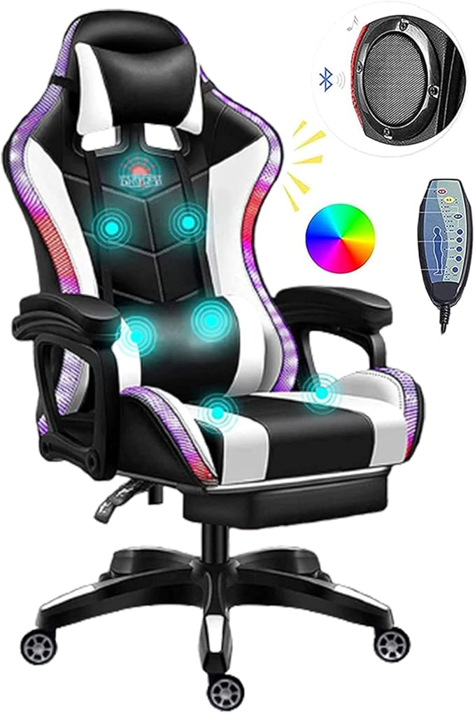 Massage Gaming Chair Racing Computer Desk Office Chairwith speakers and LED Linghts with Headrest Lumbar Support footrest and Adjustable Armrests360° Swivel 135° Reclining  300LB Metal BaseWhite