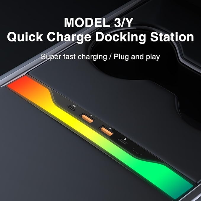 for Tesla RGB Light USB Hub with Model 3 Model Y 2021 2022 2023 2024 Car USB Charger Multi Port Interior Accessories Fit for Tesla Center Console Docking Station (Colorful)