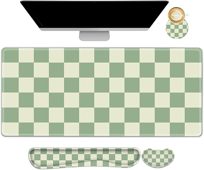 Large Gaming Mouse Pad Set 4 in1 Ergonomics Keyboard Desk Mat with Memory Foam Wrist Rest Extended Game Mousepad Non-Slip Desk Pad Matt Easy Typing Pain Relief I Green Checkered
