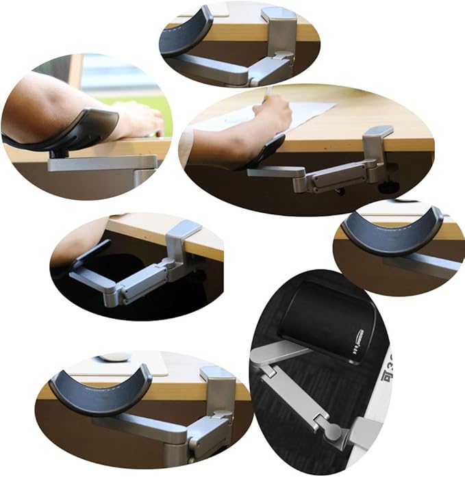 FUZADEL Ergonomic Arm Rest for Desk Rotating Computer Arm Support Clamp On Office Elbow Rest Arm Support Shelf Hand Rest 360 Degrees Rotatable Desk Tray