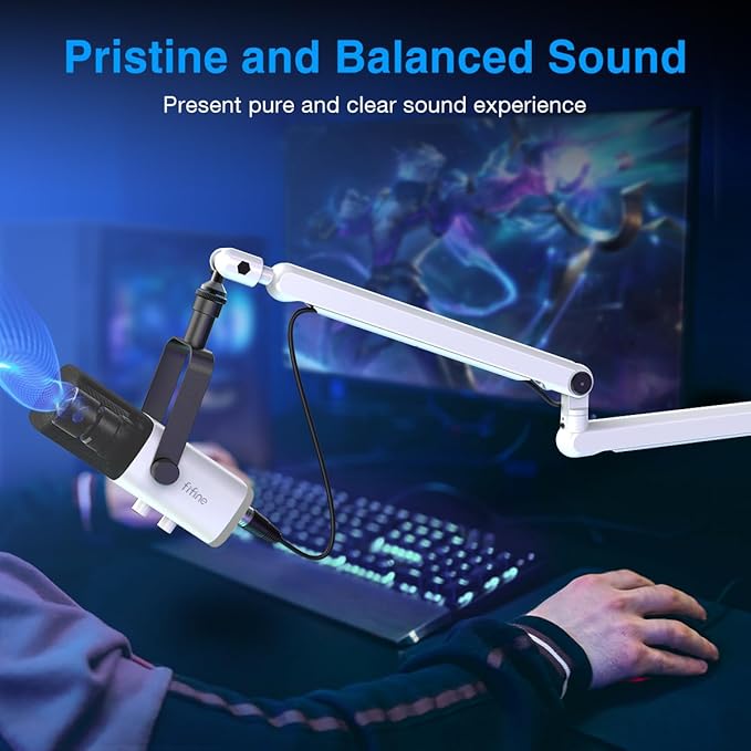 FIFINE Gaming XLR/USB Microphone and Mic Stand BundleRGB Dynamic Mic with Mute ButtonVolume Control Low Profile Boom Arm Kit with Cable Management for Recording Video Creation (AM8W+BM88W)