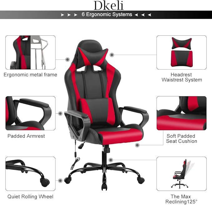 PC Gaming Chair Office Chair Racing Desk Chair with Lumbar Support Arms Headrest Massage High Back PU Leather Ergonomic Computer Chair Rolling Adjustable Swivel Chair for Women Men Adult Red