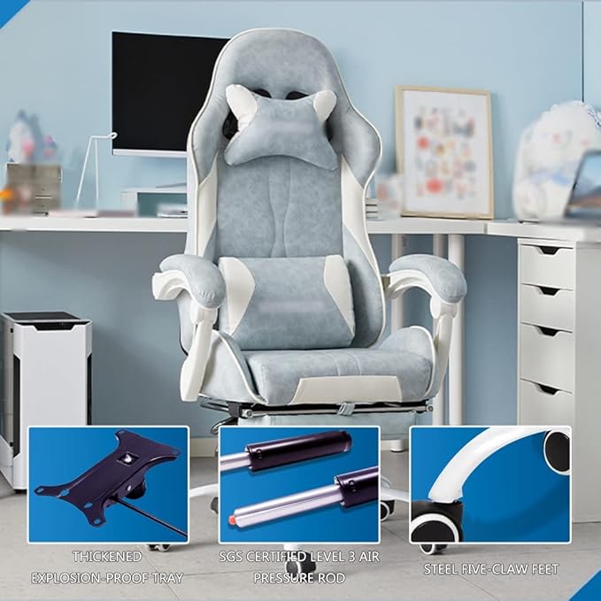 Gaming Chair with Footrest Ergonomic 5D Embracing Gamer Chair Comfortable and Soft Reclining Racing Chair Load Bearing 150kg/330.7lbs (Grey White)