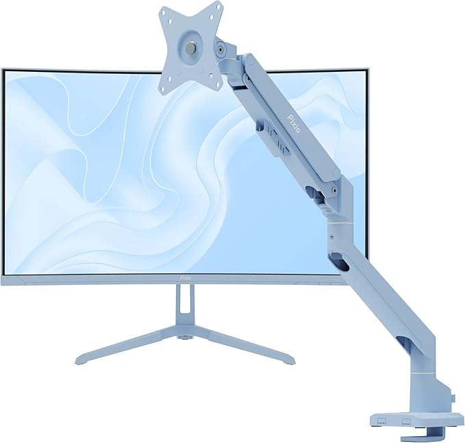 Pixio PXC248WAVE Blue 24 inch 200Hz Refresh Rate FHD 1080p Resolution 1500R Curve Fast VA Panel 1ms GTG Response Time HDR Curved Gaming Monitor and PS1S Wave Blue Single Monitor Arm - Fits up to 32 in