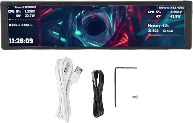 EBTOOLS 9.2in Computer Secondary Display FHD 1920x462 IPS LCD Screen for PC Case with Dynamic Video Themes CPU GPU Temperature Monitor (Black)