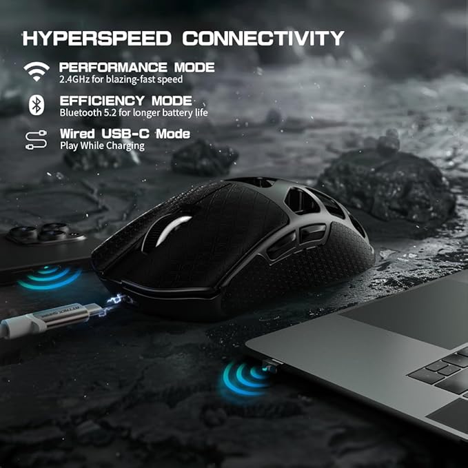FELICON x Attack Shark R3 Magnesium Alloy Wireless Gaming Mouse 46g Ultra-Lightweight Skeletal Shell PAW3395 26K DPI 8K Polling Tri-Mode 2.4G/BT/Wired for PC Mac Laptop - Black &amp Griptape