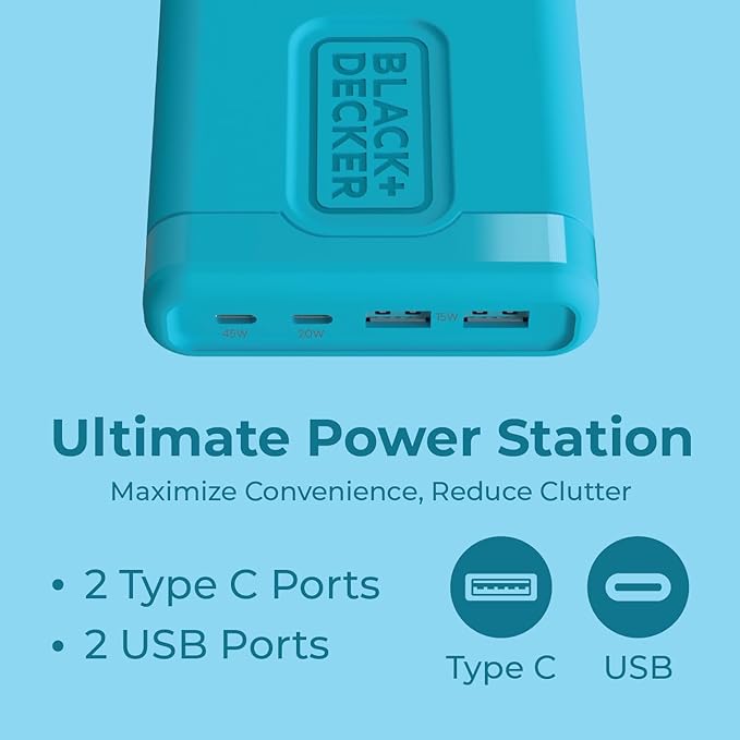 BLACK+DECKER USB C Fast Charger 65W 4 Port Type USB C Charging Station Hub Block TypeC Wall Charger Power Strip Adapter Plug 2 USBC 2 USBA for iPad iPhone 17 16 15 14 Pro Max Pixel Note Galaxy Blue