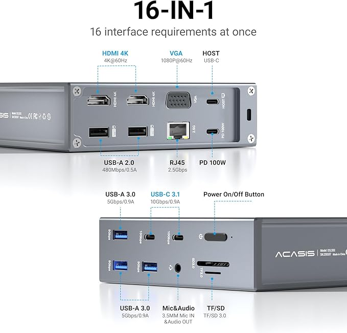 ACASIS USB C Docking Station Dual Monitor 16-in-1 Laptpop Docking Station with 2* HDMIVGA2.5G EthernetSD/TF10Gbps USB-C 3.13.5mm AudioPD100WUSBC Hub for Dell/Lenovo/HP/ThinkPad (Sliver)