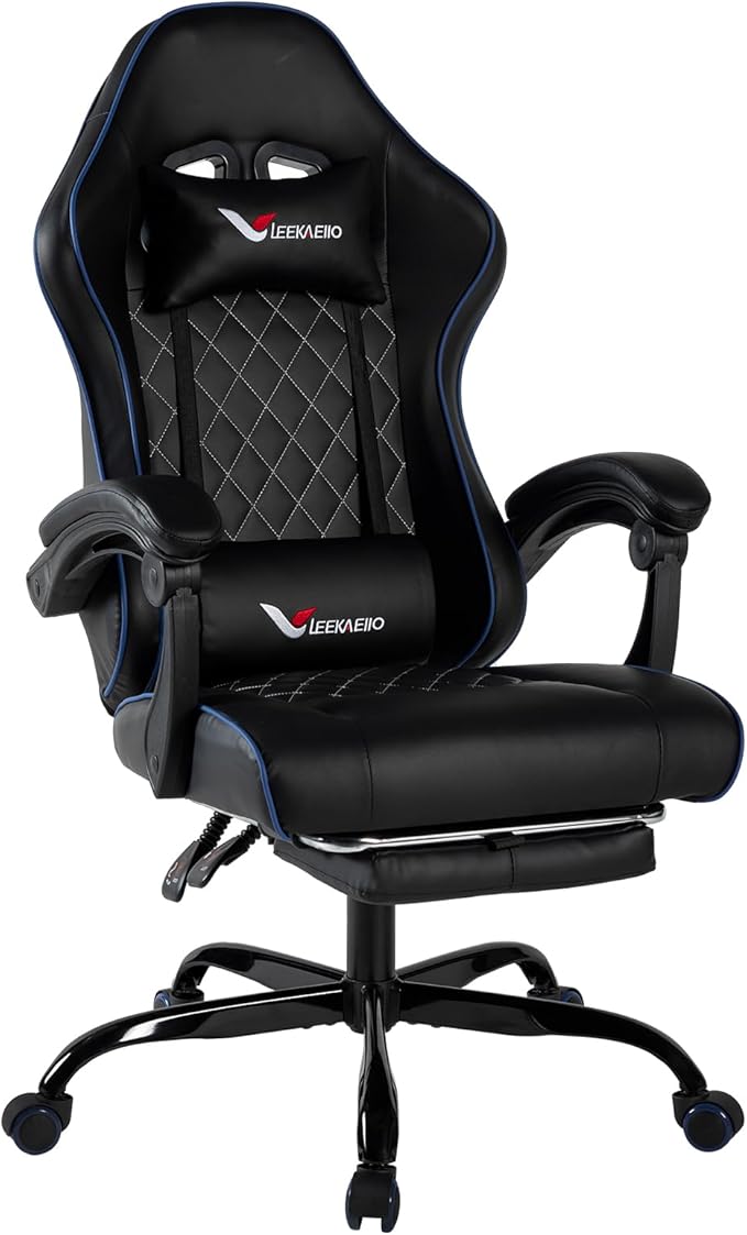 Blue Gaming Chair for Adults with Footrest and Lumbar Support Height Adjustable Office Chair with 360°-Swivel Seat and Headrest for Office or Gaming Comfortable Executive Office Chair