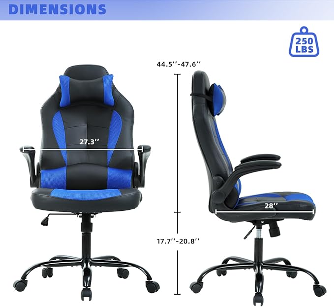 Big Tall Gaming Chair - Ergonomic Office Chair with Height Adjustable Tiltable Lumbar Support Blue