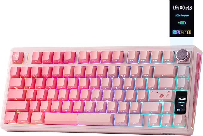 EPOMAKER TH80 V2 PRO Wireless Gaming Keyboard with Screen&ampKnob 10000mAh 2.4Ghz/BT/USB-C RGB Hot Swap Custom Driver NKRO PBT Keycap Mechanical Keyboard for PC/Mac (Pink Creamy Jade)